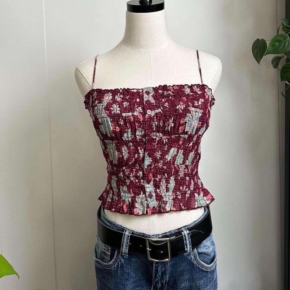 Free People FP One Meridian Corset Top Smocked Polka Dot Floral Burgundy XS NWT
